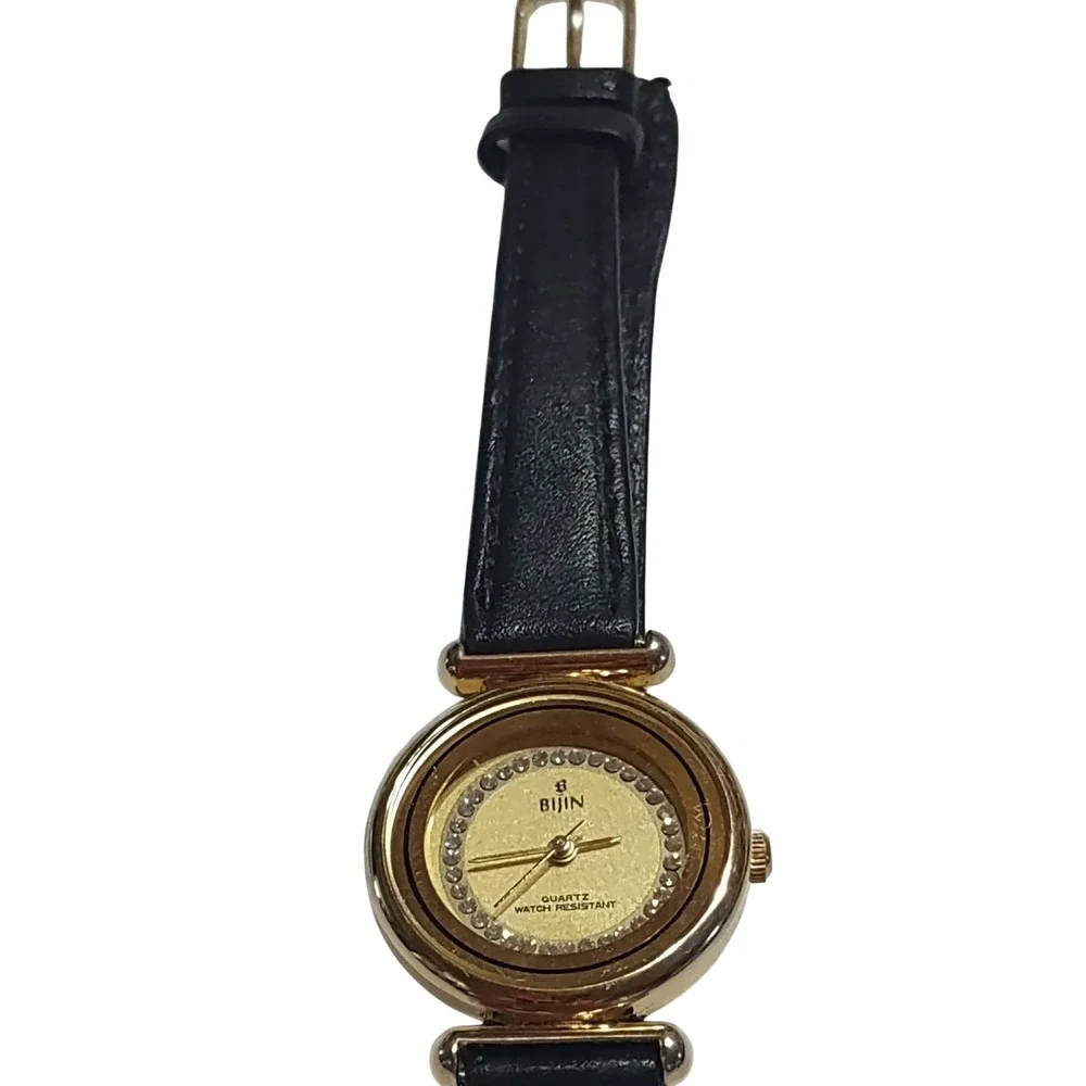 Bijin Japan Quartz Watch Womens Gold Tone Crystal Bezel Black Leather Strap